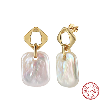 925 Sterling Silver Rhombus Stud Earrings, with Rectangle Natural Baroque Pearl, with S925 Stamp, Real 14K Gold Plated, 33~35x15.5mm