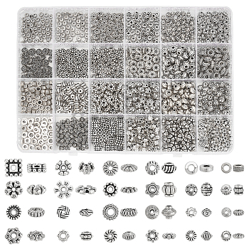 Elite 1200Pcs 24 Styles Tibetan Style Alloy Spacers Beads, Lead Free & Nickel Free & Cadmium Free, Gear & Rondelle & Barrel, Mixed Shapes, Antique Silver, 4~8mm, Hole: 1~3.5mm, 50pcs/style