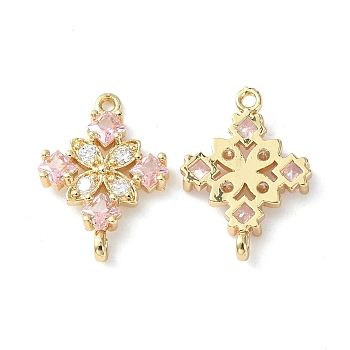 Brass Pave Cubic Zirconia Connector Charms, Light Gold, Rhombus Links, Pearl Pink, 20x14x3mm, Hole: 1.2mm