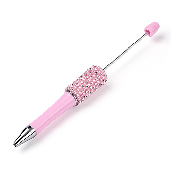 Beadable Pen, Plastic Ball-Point Pen, with Iron Rod & Rhinestone & ABS Imitation Pearl, for DIY Personalized Pen with Jewelry Beads, Pearl Pink, 150x15mm