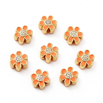 Flower Brass Micro Pave Clear Cubic Zirconia Beads, Real 18K Gold Plated, with Enamel, Cadmium Free & Nickel Free & Lead Free, Dark Orange, 10x9x5mm, Hole: 1.8mm