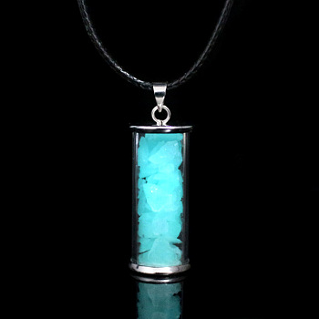 Glass Wishing Bottle with Synthetic Luminaries Stone Pendant Necklace, Glow In The Dark Drifting Bottle Necklace for Women, Cyan, 17.32 inch(44cm)