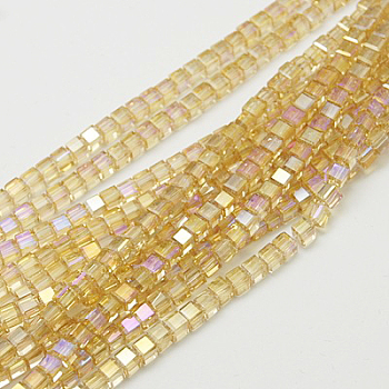 Electroplate Glass Beads Strands, AB Color Plated, Faceted, Cube, Light Khaki, 5~6x5~6x5~6mm, Hole: 1mm, 95~100pcs/strand, 54~57cm