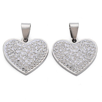201 Stainless Steel Pendants, with Crystal Rhinestone and Stainless Steel Snap On Bails, Heart, Stainless Steel Color, 19x22x3mm, Hole: 3x7mm