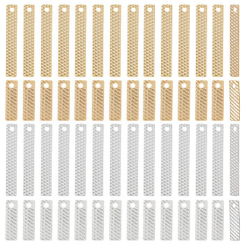 100Pcs 4 Style Brass Pendants, Long-Lasting Plated, Cadmium Free & Lead Free, Rectangle, Golden & Silver, 10~20x3x0.2mm, Hole: 1.2mm, 25pcs/style