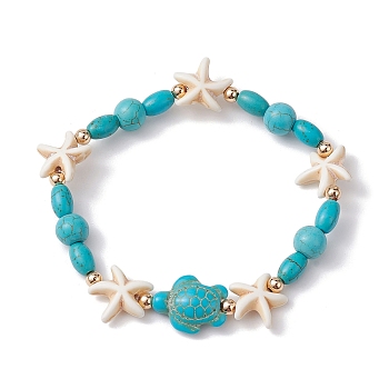 Turtle & Starfish Synthetic Turquoise Beaded Stretch Bracelet, Turquoise, Inner Diameter: 2-3/8 inch(5.9cm)