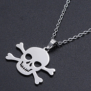 201 Stainless Steel Pendants Necklaces, with Cable Chains and Lobster Claw Clasps, Skull, Stainless Steel Color, 17.71 inch(45cm), 1.5mm(NJEW-S105-JN682-45-1)