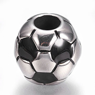 304 Stainless Steel European Beads, with Enamel, Large Hole Beads, Rondelle with FootBall/Soccer Ball, Black, Stainless Steel Color, 12.5x12mm, Hole: 5mm(STAS-O101-03P-14)