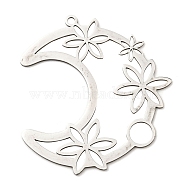 201 Stainless Steel Pendants, Laser Cut, Moon with Flower Charm, Stainless Steel Color, 45.5x43x1mm, Hole: 1.8mm(STAS-M318-28P)