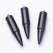 Synthetic Blue Goldstone Pointed Pendants, with 201 Stainless Steel Split Rings, Bullet, Stainless Steel Color, 42~46x10mm, Hole: 5mm(G-D850-10)