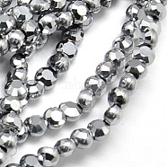 Electroplate Glass Beads Strands, Full Platinum Plated, Faceted, Flat Round, Gray, 4x3mm, Hole: 1mm, about 95pcs/strand, 14 inch(EGLA-A002-4mm-F22)