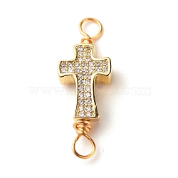 Brass Micro Pave Cubic Zirconia Link Connectors, with Real 18K Gold Plated Eco-Friendly Copper Wire, Cross, Clear, 26x9x4mm, Hole: 3mm(PALLOY-JF01173)