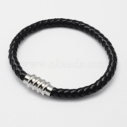 Braided Leather Cord Bracelets, with 304 Stainless Steel Magnetic Clasps, Black, 200x6mm(BJEW-I199-03)