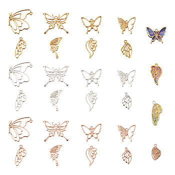 Cheriswelry 48Pcs 8 Style Alloy Open Back Bezel Pendants, For DIY UV Resin, Epoxy Resin, Pressed Flower Jewelry, Butterfly & Wing, Mixed Color, 23.5~36x15~45x1.5~2.6mm, Hole: 1.5~3.5mm, 6pcs/style
