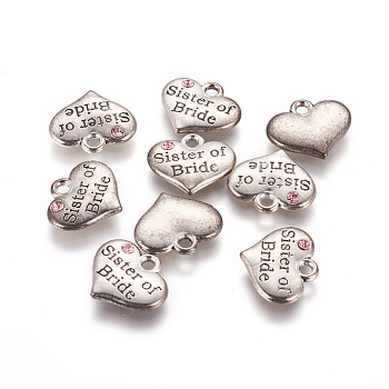 Wedding Theme Antique Silver Tone Tibetan Style Heart with Sister of Bride Rhinestone Charms, Cadmium Free & Lead Free, Light Rose, 14x16x3mm, Hole: 2mm