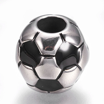 304 Stainless Steel European Beads, with Enamel, Large Hole Beads, Rondelle with FootBall/Soccer Ball, Black, Stainless Steel Color, 12.5x12mm, Hole: 5mm