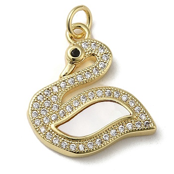 Brass Micro Pave Cubic Zirconia Pendants, with Shell, Swan, Real 18K Gold Plated, 20x19x3mm, Hole: 3.4mm