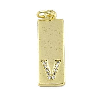 Brass Micro Pave Clear Cubic Zirconia Pendants, Real 18K Gold Plated, Rectangle, Letter V, 23.5x7.5x2mm, Hole: 3mm