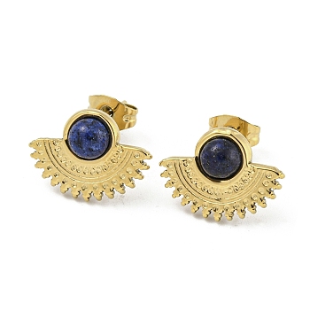 Real 18K Gold Plated 304 Stainless Steel Fan Stud Earrings, with Natural Lapis Lazuli, 11.5x15.5mm