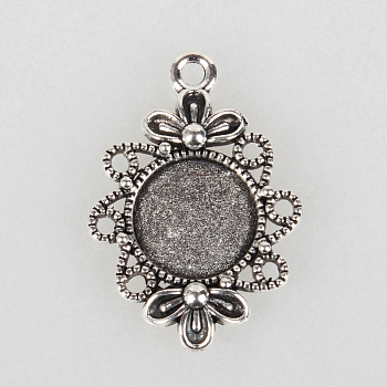 Tibetan Style Filigree Alloy Pendant Cabochon Settings, Cadmium Free & Lead Free, Antique Silver, Flat Round Tray: 12mm, 30x21x3mm, Hole: 2mm, about 370pcs/kg