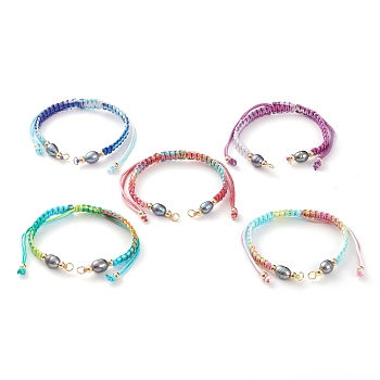 Adjustable Polyester Braided Cord Bracelet Making, with Brass Beads, 304 Stainless Steel Jump Rings and Freshwater Pearl Beads, Mixed Color, 6~6-1/2 inch(15~16.5cm)