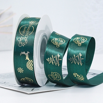 22M Flat Christmas Santa Claus Printed Polyester Satin Ribbons, Hot Stamping Ribbons, Teal, 1 inch(25mm), about 24.06 Yards(22m)/Roll