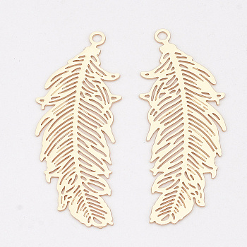 Brass Pendants, Etched Metal Embellishments, Lead Free & Nickel Free, Long-Lasting Plated, Feather, Light Gold, 33.5x13x0.3mm, Hole: 1.4mm