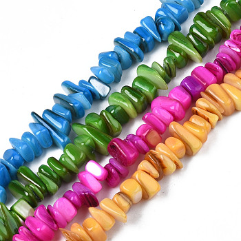 Natural Trochid Shell/Trochus Shell Beads Strands, Dyed, Chips, Mixed Color, 7~22x5~8x1~6.5mm, Hole: 1mm, about 96~102pcs/strand, 14.37 inch~15.75 inch(36.5cm~40cm)