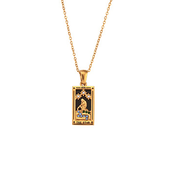 Rhinestone Tarot Card Pendant Necklace with Enamel, Golden Stainless Steel Jewelry for Women, The Star XVII, 19.69 inch(50cm)