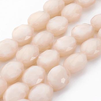 Pearl Luster Plated Glass Bead Strands, Faceted Oval, Antique White, 16x12x7~7.5mm, Hole: 1mm, about 24pcs/strand, 15 inch