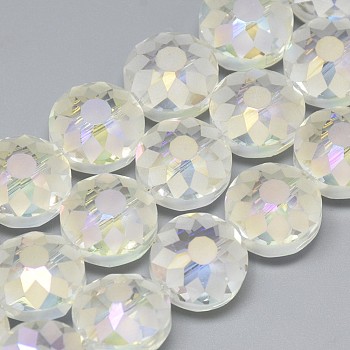Electroplate Glass Beads Strands, Frosted, Rainbow Plated, Faceted, Flat Round, Clear AB, 14x8~10mm, Hole: 1.5mm, about 50pcs/strand, 26.77 inch
