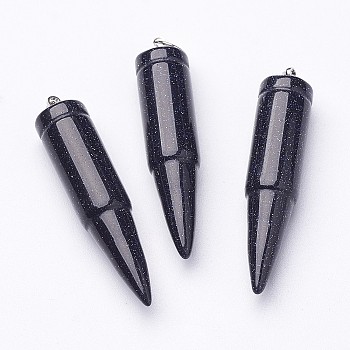 Synthetic Blue Goldstone Pointed Pendants, with 201 Stainless Steel Split Rings, Bullet, Stainless Steel Color, 42~46x10mm, Hole: 5mm