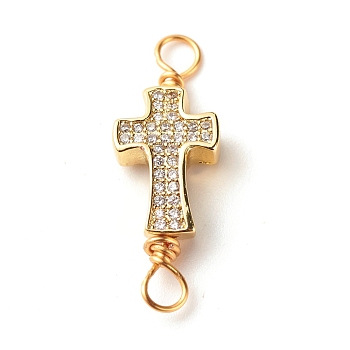 Brass Micro Pave Cubic Zirconia Link Connectors, with Real 18K Gold Plated Eco-Friendly Copper Wire, Cross, Clear, 26x9x4mm, Hole: 3mm
