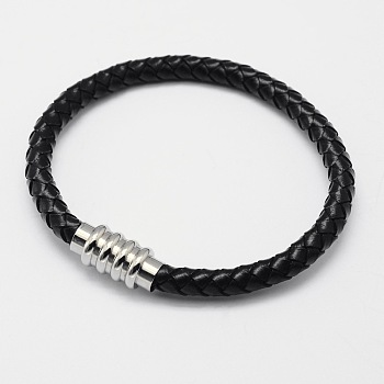 Braided Leather Cord Bracelets, with 304 Stainless Steel Magnetic Clasps, Black, 200x6mm