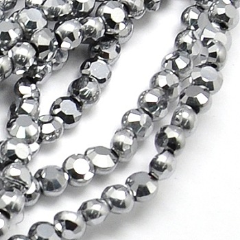 Electroplate Glass Beads Strands, Full Platinum Plated, Faceted, Flat Round, Gray, 4x3mm, Hole: 1mm, about 95pcs/strand, 14 inch