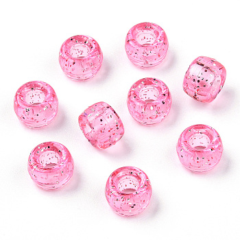 Transparent Plastic Beads, with Glitter Powder, Barrel, Hot Pink, 9x6mm, Hole: 3.8mm, about 1900pcs/500g