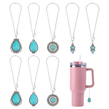Tibetan Style Alloy with Synthetic Turquoise Wine Glass Charms, with Brass Cable Chains, Teardrop & Oval & Flat Round, Antique Silver & Platinum, 247~265mm, 4style, 2pcs/style, 8pcs/set