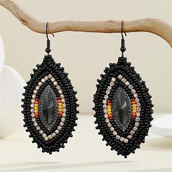 Bohemian Style Glass Bead Handmade Horse Eye Dangle Earrings for Women, Black, 70x30mm