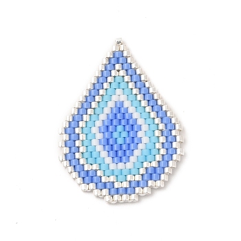Handmade Loom Pattern MIYUKI Seed Beads, Teardrop Pendants, Cornflower Blue, 34.5x25.5x1.5mm, Hole: 0.8mm