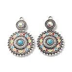 Bohemia Tibetan Style Alloy & Enamel & Acrylic & Rhinestone Pendants, Flat Round Charms, Antique Silver, Colorful, 34x21x4mm, Hole: 1.8mm(FIND-T074-01AS)