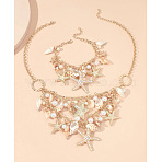 Alloy & Natural Shell & Plastic Pearl Pendant Necklaces & Bracelets Sets, Starfish, Golden, 465mm(FS-WG6B6AD-01)