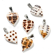 Natural Spiral Shell Pendants, Heart Charms with Platinum Plated Alloy Snap on Bails, Coconut Brown, 19x14x4mm, Hole: 5.5x2mm(PALLOY-Q462-01P)