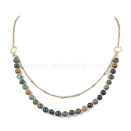 6mm Round Natural Indian Agate Beaded Lariat Necklaces, 304 Stainless Steel Cable Chain Necklaces for Women, Golden, 21.34 inch(54.2cm)(NJEW-JN04964)