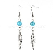 Feather Alloy Synthetic Turquoise Dangle Earrings, with Brass Earring Hooks, 55mm, Pin: 0.7mm(EJEW-JE01999-01)