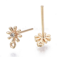 Brass Micro Cubic Zirconia Stud Earring Findings, with Loop, Real 18K Gold Plated, Nickel Free, Flower, Clear, 8x6mm, Hole: 0.7mm, Pin: 0.8mm(KK-N231-01B-NF)