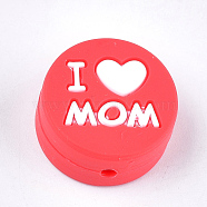 Mother's Day Theme, Food Grade Eco-Friendly Silicone Focal Beads, Chewing Beads For Teethers, DIY Nursing Necklaces Making, Flat Round with Word I Love Mom, Red, 20x9.5mm, Hole: 2mm(SIL-S003-02D)