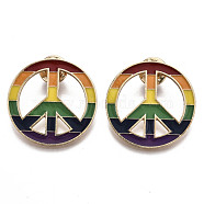 Alloy Brooches, Enamel Pin, with Brass Butterfly Clutches, Rainbow Peace Sign, Light Gold, Colorful, 34x2mm, Pin: 1mm(JEWB-S011-054)