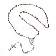 304 Stainless Steel Rosary Bead Necklaces, with Oval Link, Cross Pendant and Lobster Clasps, Stainless Steel Color, 23.62 inch(60cm)(NJEW-L353-54)