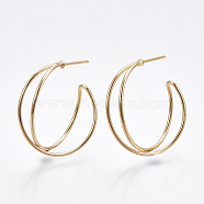 Brass Stud Earrings, Half Hoop Earrings, Nickel Free, Real 18K Gold Plated, 26x7mm, Pin: 0.8mm(X-KK-T038-304G)