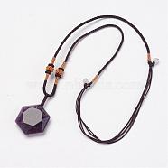 Natural Amethyst Pendant Necklaces, with Nylon Cord, 10.6 inch~13.7 inch(27cm~35cm)(NJEW-P157-01)